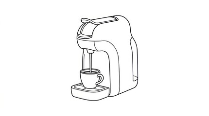 Obraz premium A pod coffee machine brews coffee into a small cup. The design is simple and minimalist, showcasing the coffee-making process.