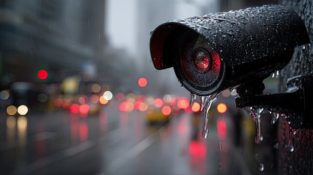 Security camera monitors rainy city traffic with red light glow