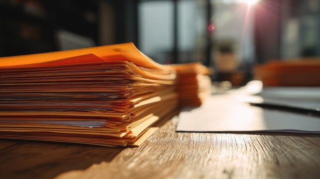 Stacked orange folders bathed in warm sunlight on a wooden desk