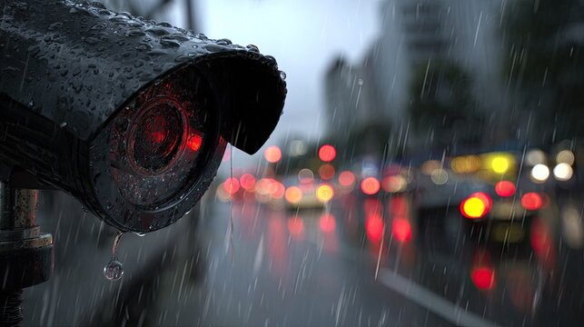 A security camera in rain, with red light and blurred city lights backdrop