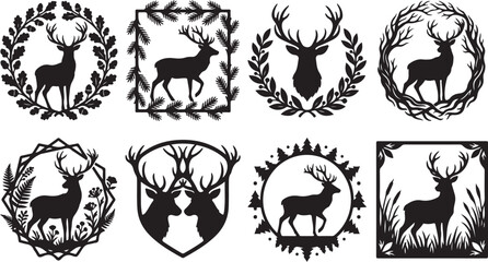 Obraz premium Deer Antler Logos, Silhouette Badges, Wildlife Icons Set