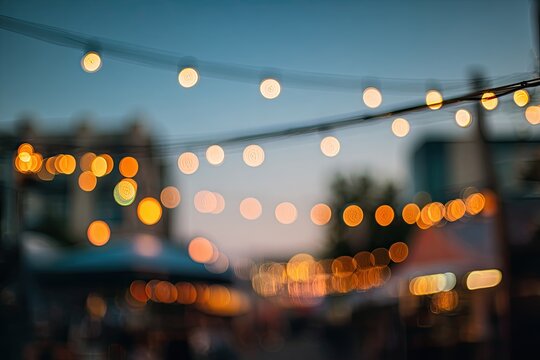 Soft focus evening street with glowing lights strung across wires