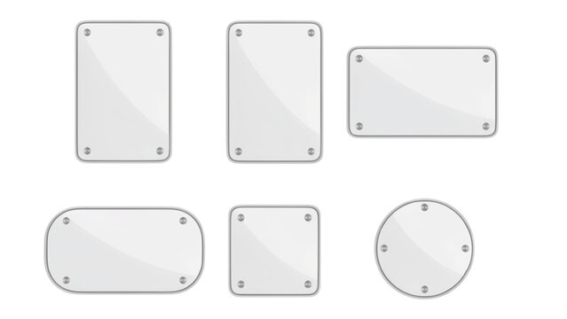 Set of six various white rectangular and circular glass plates with metallic silver screw fasteners at corners on a white background