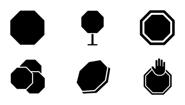 Octagon Shapes, Stop Signs, Geometric Icons, Black and White Vector Graphics