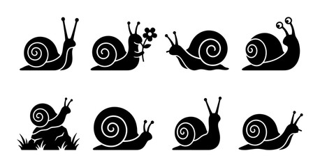 Snail Icons Set, Cute Garden Mollusk Vector Graphics, Black and White Silhouette Collection © Toki