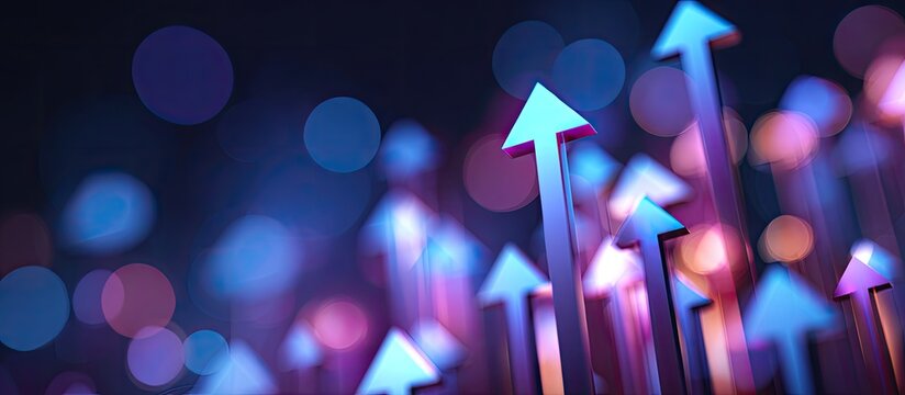 Abstract background with upward-pointing arrows in neon blue and purple hues