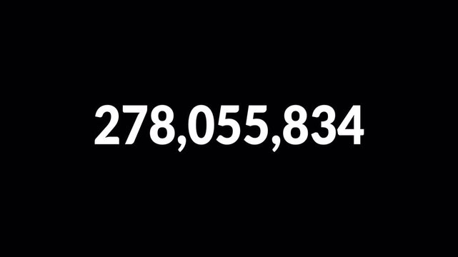 0 to 500000000 number counter animation on a transparent background, zero to Fifty million number counter animation for views, like and followers counter in 4k with alpha channel,