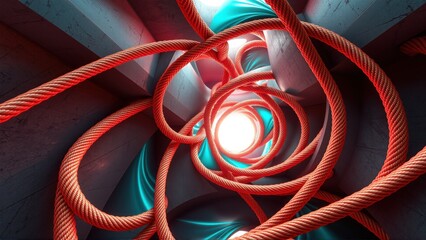 Fototapeta premium Abstract tunnel, vibrant colors, circular design. Red ropes intertwine with cyan light, creating dynamic visual effect. Dark background enhances luminosity.