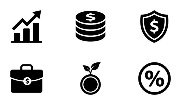 Finance Icons Set: Growth Chart, Money Stack, Shield, Briefcase, Seedling, Percentage