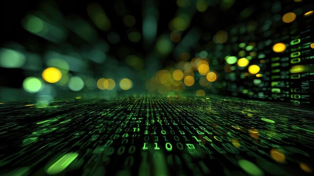 Digital tunnel of glowing binary code with bokeh lights in abstract background