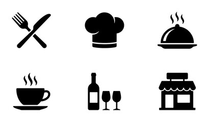 Restaurant Icons Set: Cutlery, Chef Hat, Food Dome, Coffee Cup, Wine Bottle, Shop Facade © Diganto