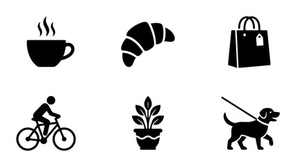Fototapeta premium Coffee, Croissant, Shopping Bag, Cycling, Plant, Dog Walking Icons: Lifestyle & Leisure Vector Set