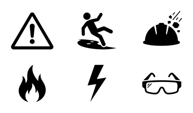 Safety Icons Set: Warning, Slip Hazard, Falling Objects, Fire, Electricity, Goggles