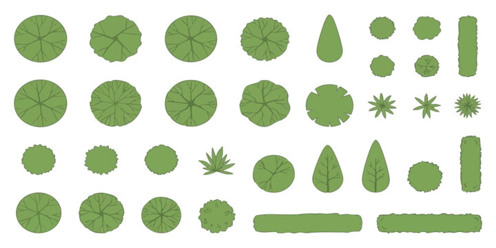 Set of top view tree icons for landscape architecture design plan with various shapes and green plant forms