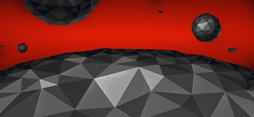 Abstract planet terrain with satellites flying around vector illustration, sci-fi space art, unknown distant planet panorama wallpaper, low poly design. © Sylverarts