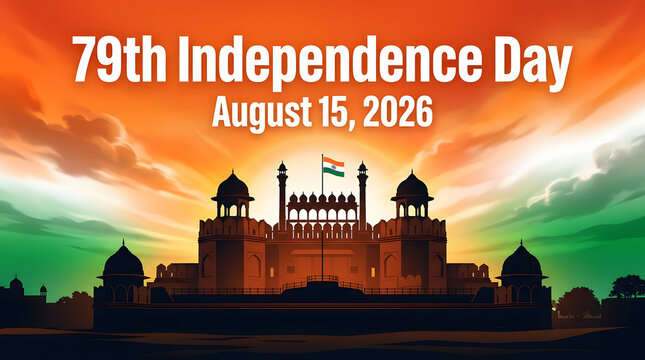 India 79th Independence Day Banner featuring Red Fort Delhi Silhouette and Tricolor Sky Background