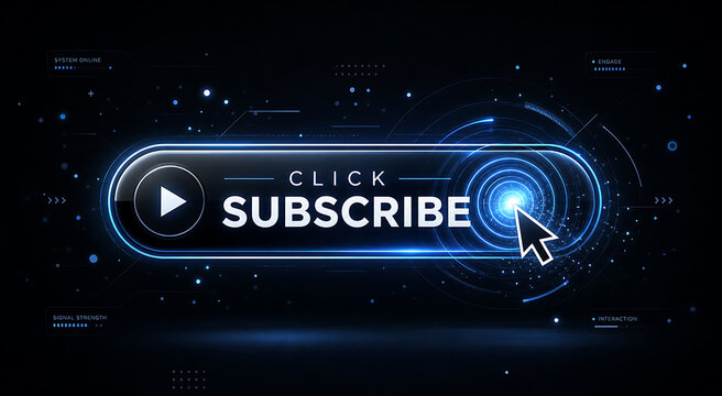 Animated subscribe button with glowing blue cursor on dark background