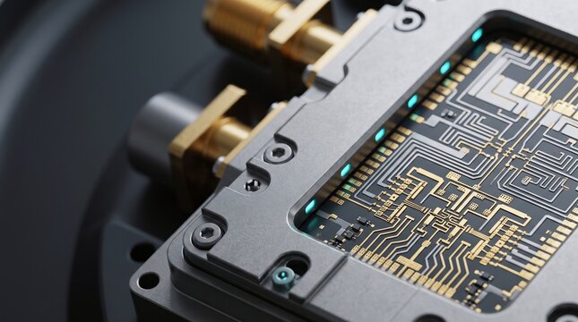Superconducting quantum qubit processor chip with titanium grey shielding 3D illustration with copy space