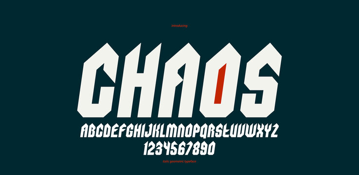 Sharp and bold gothic font for logo creation of for headlines, edgy geometric modern vector typeface, heavy metal and hard rock style alphabet with numbers, italic version.