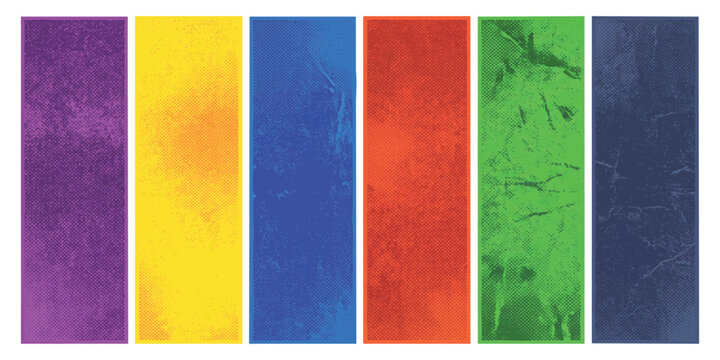 Set of six colorful vertical rectangular banners in purple yellow blue red green and dark blue shades
