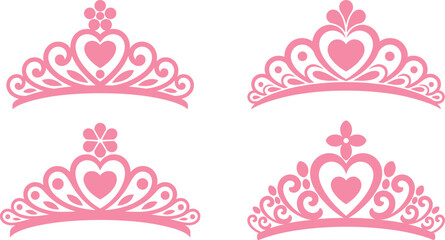 Vector of pink princess tiara collection with central heart shapes, elegant hand drawn bridal diadem silhouettes for girls party decoration layout asset design doodle element © Mst