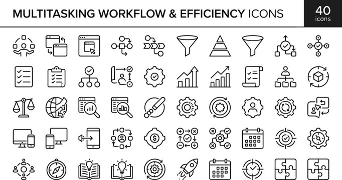 Multitasking Workflow And Efficiency Outline Icon Set With Task Management Productivity Process And Performance Symbols Tools