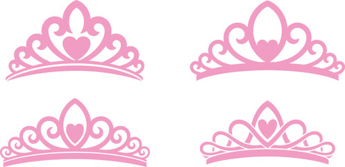 Vector of elegant pink tiara silhouettes with swirly line art decorations, luxury hand drawn princess bridal diadem layout template bundle asset design doodle element © Mst