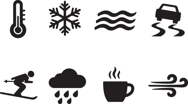 Seasonal weather solid silhouette icon bundle with sun, rain, snow, wind and climate vector symbols set.