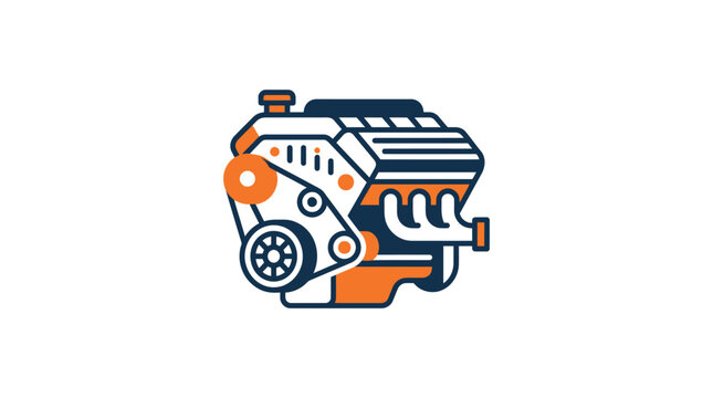 A stylized graphic illustration of a mechanical internal combustion engine block
