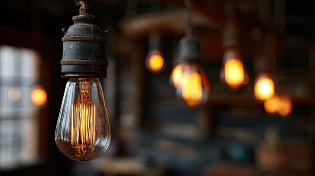 Warm, vintage filament bulbs glow softly in dimly lit interior