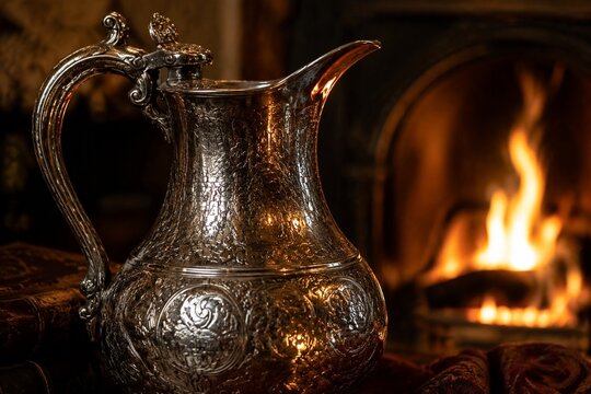 An intricately engraved silver flagon reflecting flickering firelight.