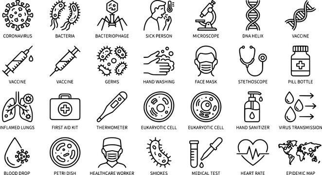 Virus icon set in outline style. Containing virus, germ, bacteria, infection, disease, healthcare, and biology icons. Editable stroke. Vector icon collection
