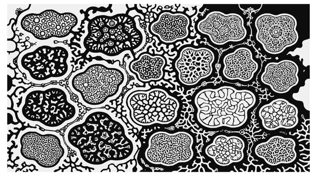 Abstract organic microscopic cellular pattern of intricate biological structures and amoebas in a monochrome high contrast scientific illustration.
