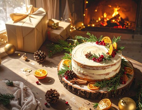 Luxury Christmas Cake Decorated with Rosemary, Cranberries and Dried Orange on Rustic Wooden Table with Festive Holiday Lights