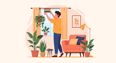 Fototapeta premium Young adult proudly hangs the rainbow pride flag in a cozy home interior with plants and furniture