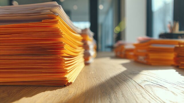 Close-up of stacked orange-tabbed documents on a wooden desk, sunlight