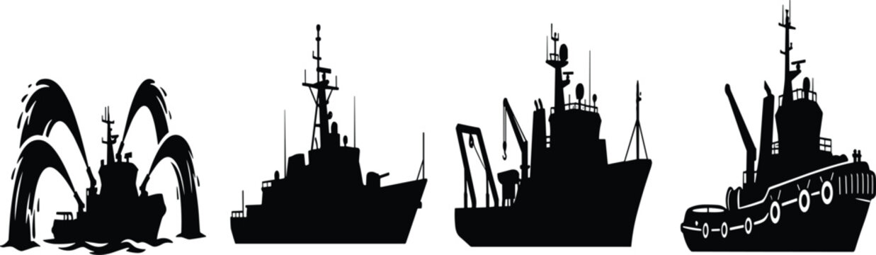 Industrial service vessels and workboats black silhouettes set isolated on white background