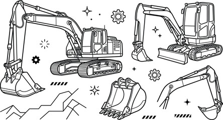 Heavy Construction Excavator Machinery Digger Bucket and Hydraulic Arm Doodle Vector Set © PJ DeSign