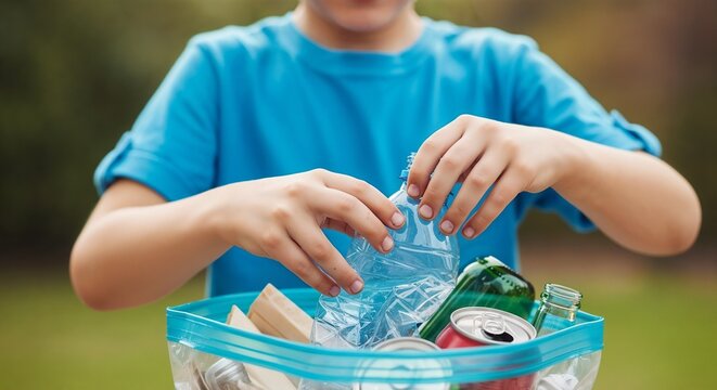 Child helping clean up litter by sorting recyclable materials into bin. Young boy actively participating in recycling initiative, placing plastic bottles and aluminum cans in designated container.