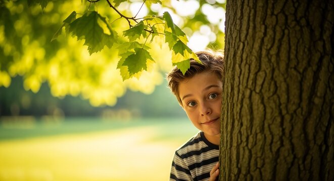 Boy hiding behind tree during game, smiling with joyful expression, surrounded by lush green leaves and bright sunlight.