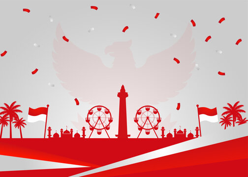 Indonesia independence day celebration with monas and garuda silhouette