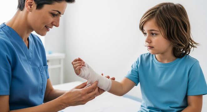 Nurse caring for child with bandaged wrist in medical clinic. Nurse provides gentle treatment while child observes with curiosity and concern.