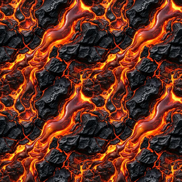 Realistic volcanic lava flow and dark cracked magma stone seamless pattern