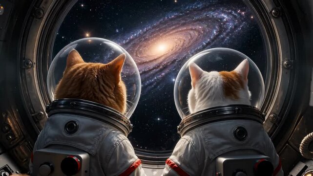 Feline astronauts gaze at distant galaxies from spaceship window