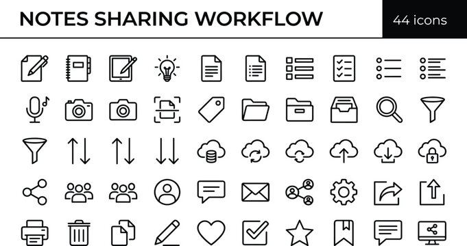 Notes Sharing Workflow Icon Set With Documents Collaboration Cloud Upload Organization Search Filters And Communication Interface Symbols