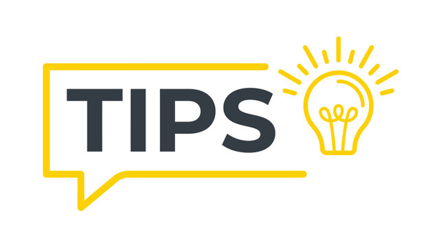 Bold text tips label featuring a bright yellow glowing light bulb icon for helpful advice
