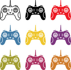 Collection of colorful video game controllers in various solid colors on white background © Khatunay JANNATARA