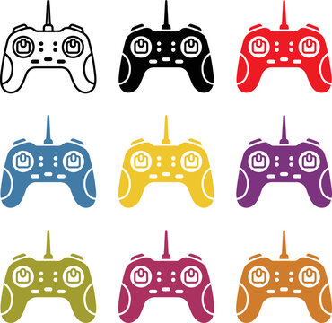 Collection of colorful video game controllers in various solid colors on white background