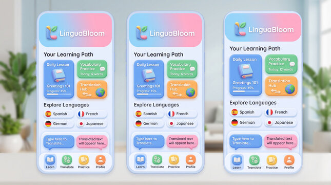 Three smartphones displaying colorful language learning application interface