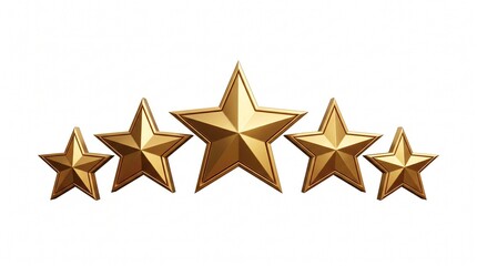 Fototapeta premium Five shiny golden three-dimensional stars arranged in a row on a white background, symbolizing a top rating or excellence.